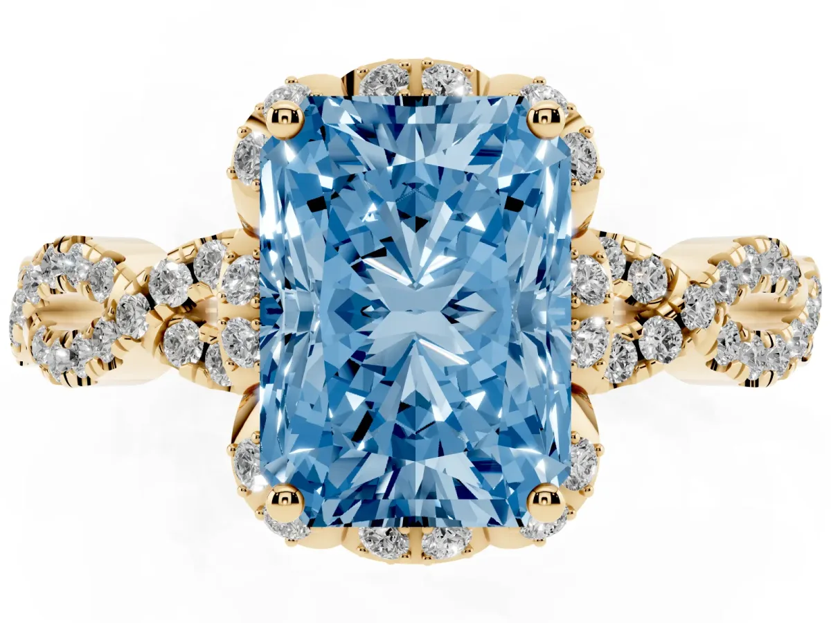 Fancy Blue Radiant Cut Halo Twist Band Solitaire Ring with Six-Prong Setting Yellow gold