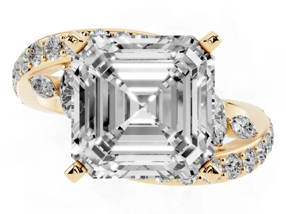 Asscher Cut Solitaire with Pavé Twist Band and Four-Prong Setting Yellow gold