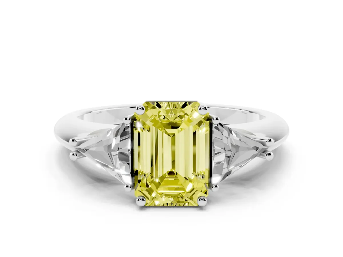 Fancy Yellow Three-Stone Emerald Cut Diamond Engagement Ring with Trillion Side Stones and Prong Setting White gold