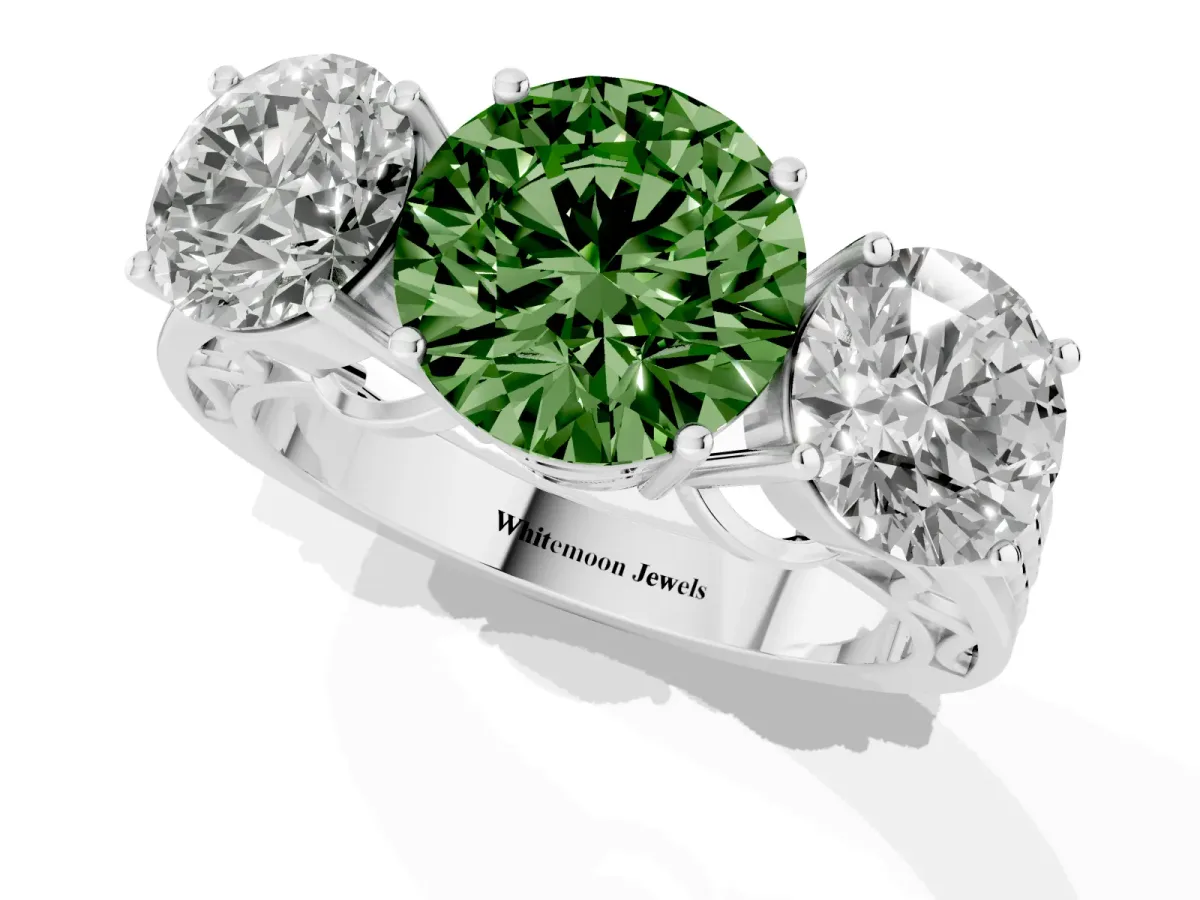 Fancy Green Round Cut Diamond Three-Stone Ring with Prong Setting and Textured Band Silver