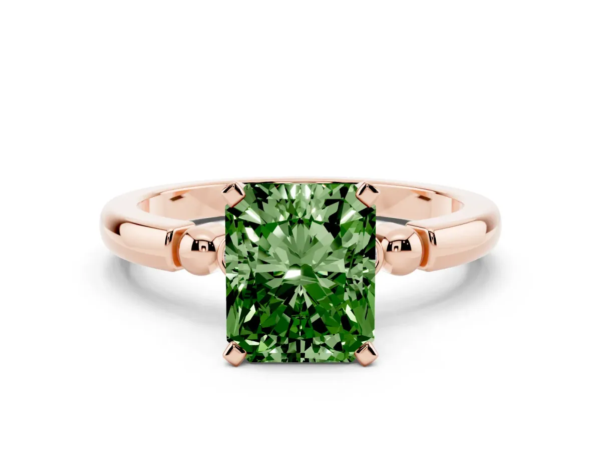 Fancy Green Radiant Cut Solitaire Beaded Band with Four-Prong Setting Rose gold