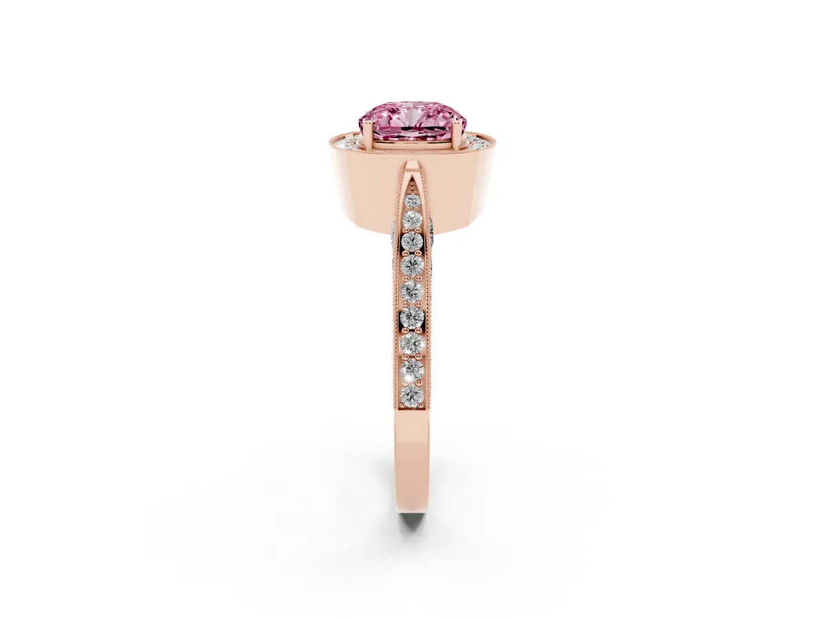Fancy Pink Cushion Cut Halo Diamond Engagement Ring with Split Shank Band and Four-Prong Setting Rose gold