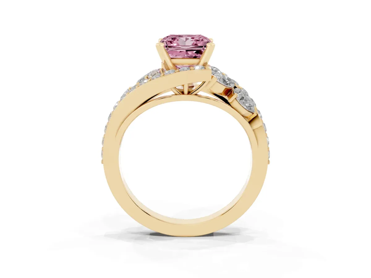 Fancy Pink Princess Cut Diamond Halo Ring with Marquise and Pavé Band in Prong Setting Yellow gold
