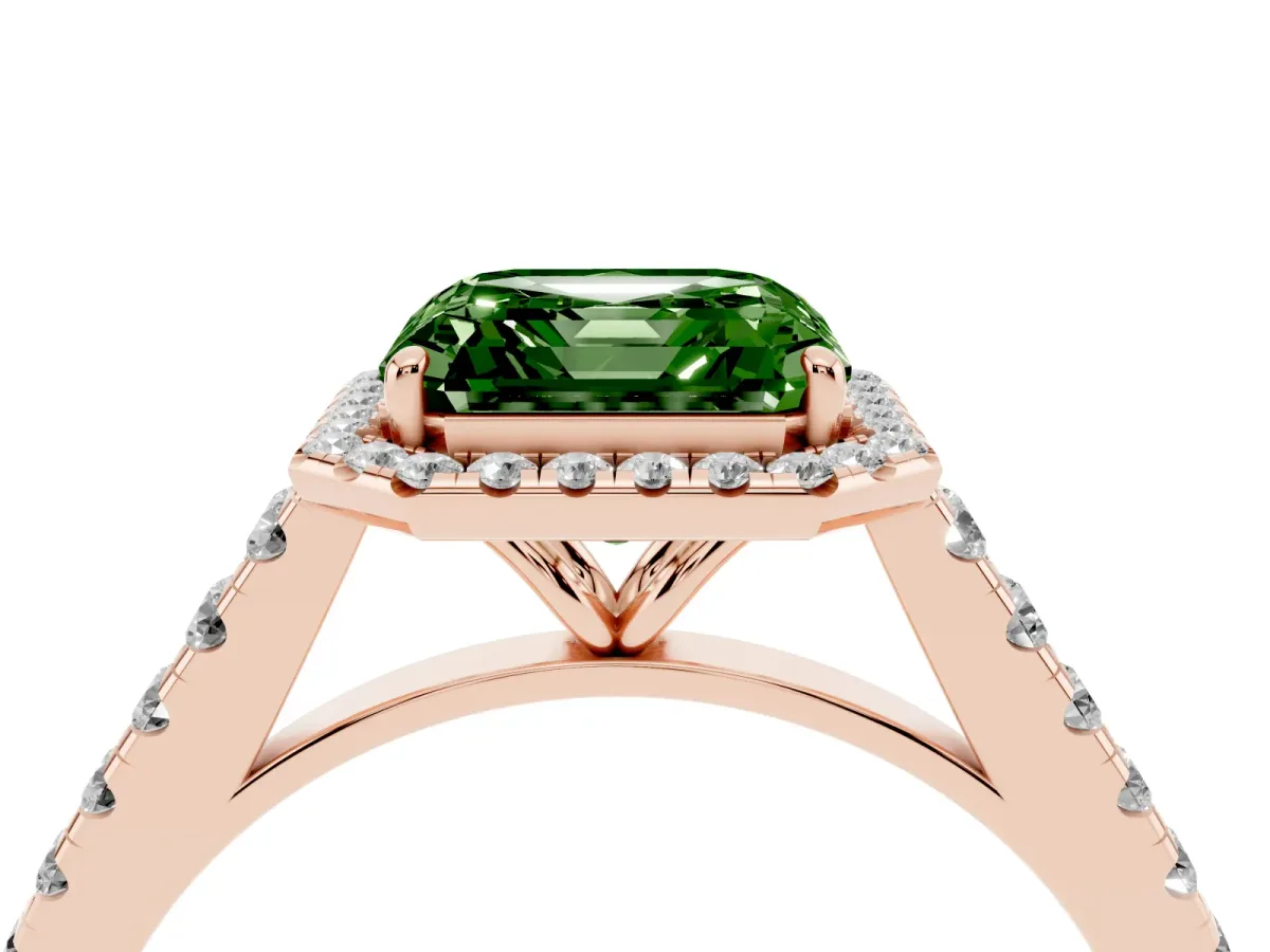 Fancy Green Asscher Cut Halo Pave Diamond Engagement Ring with Four-Prong Setting Rose gold