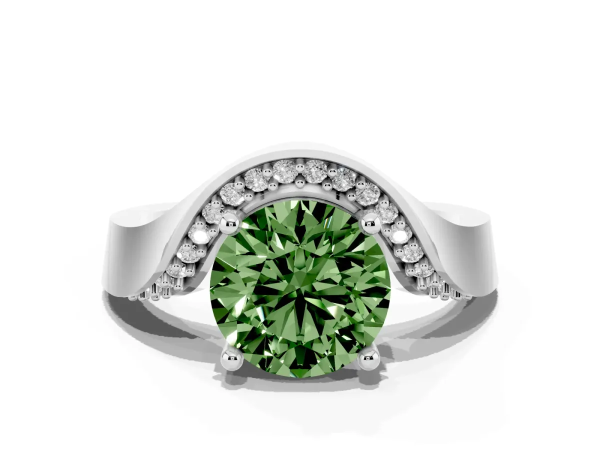 Fancy Green Round Cut Solitaire Diamond Engagement Ring with Pave Band and Four-Prong Setting White gold