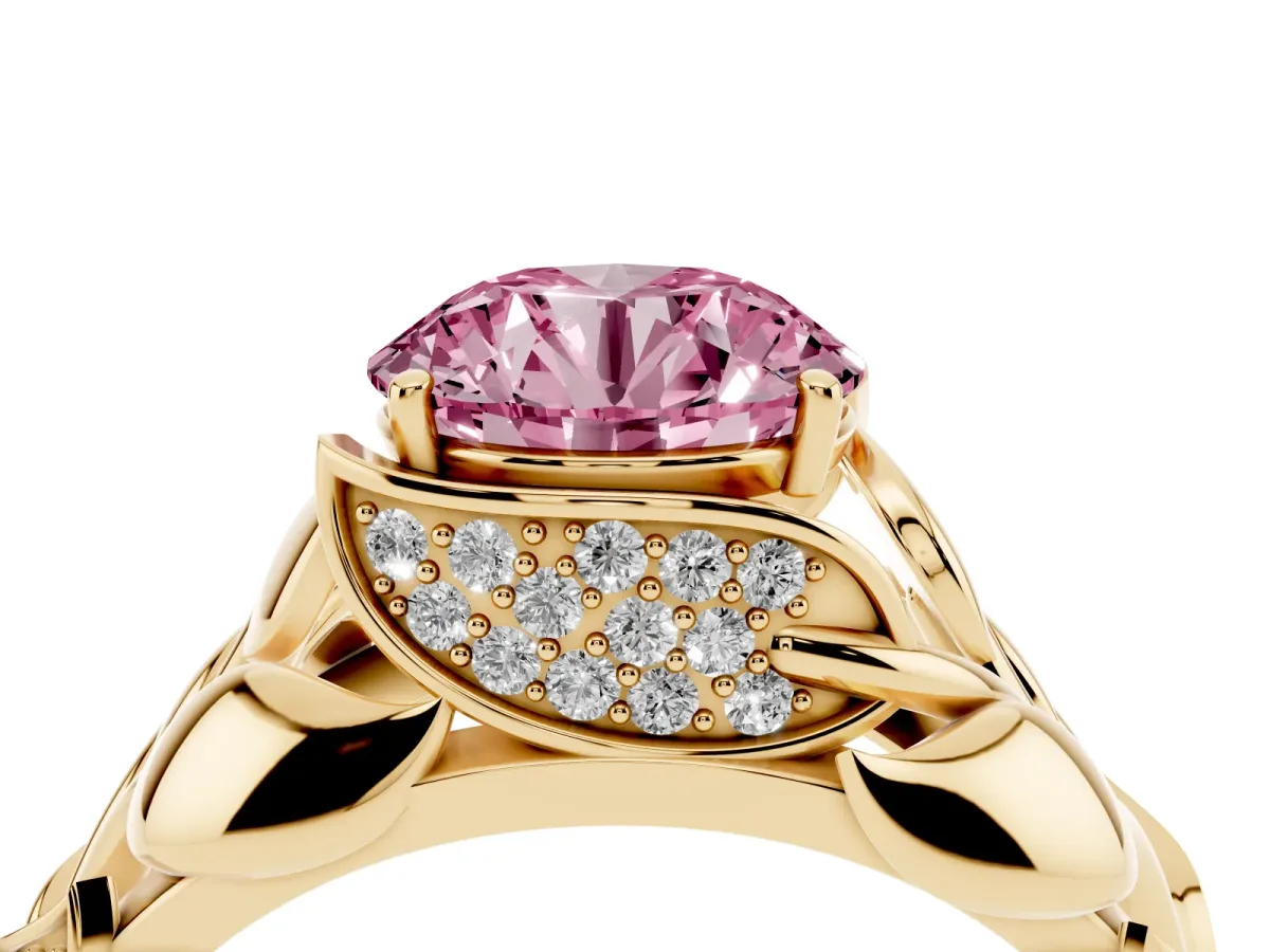 Fancy Pink Round Cut Diamond Leaf-Inspired Engagement Ring with Round Accents and Prong Setting Yellow gold