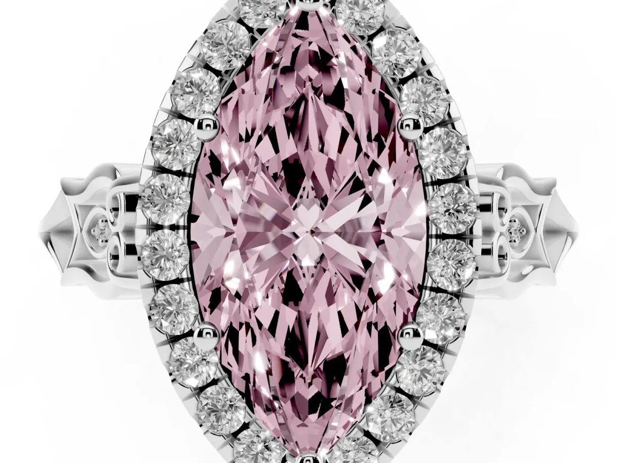 Fancy Pink Marquise Cut Halo Diamond Engagement Ring with Filigree Band and Four-Prong Setting Silver