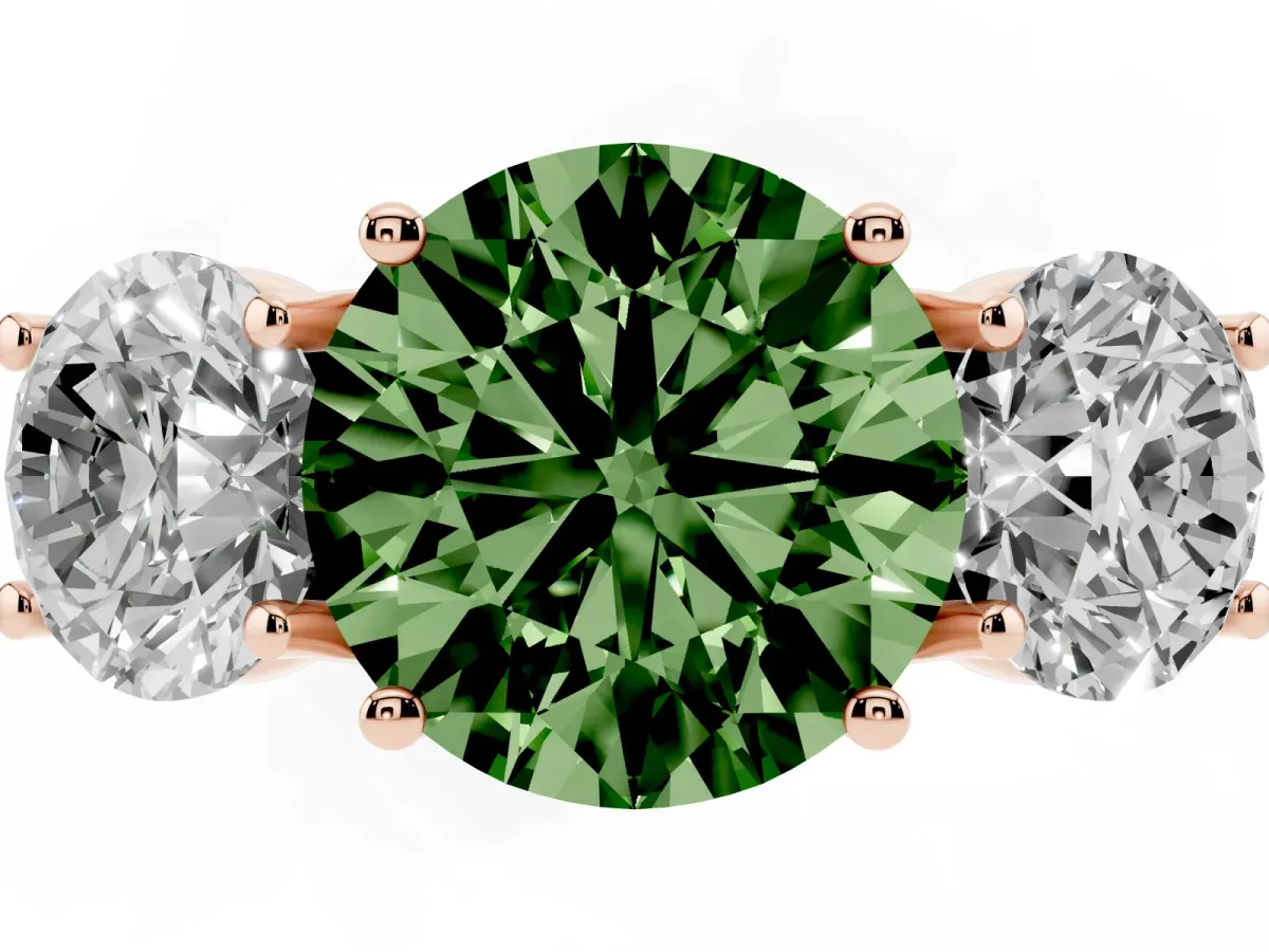 Fancy Green Three-Stone Round Cut Diamond Engagement Ring with Prong Setting Rose gold