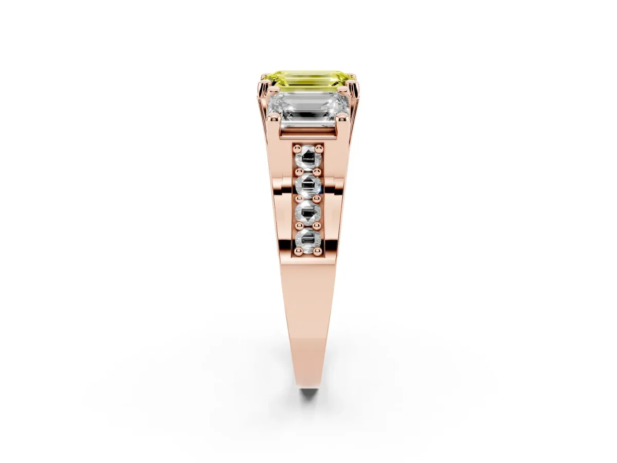 Fancy Yellow Emerald Cut Diamond Three-Stone Ring with Channel Set Band and Four-Prong Setting Rose gold