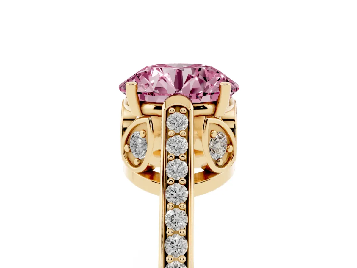 Fancy Pink Round Cut Cut Cathedral Pave Diamond Engagement Ring with Six-Prong Setting Yellow gold