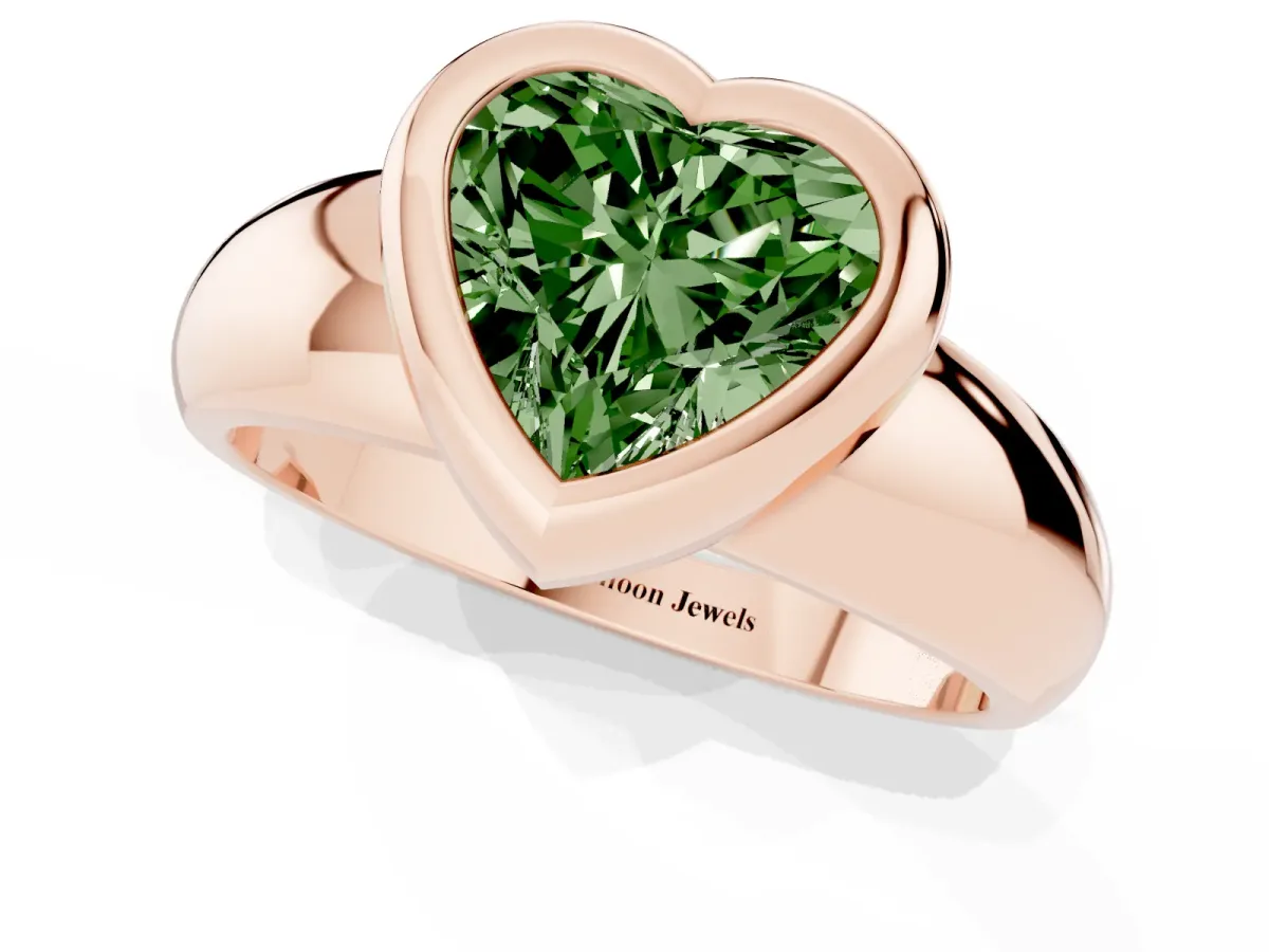 Fancy Green Bezel Set Heart Cut Solitaire Ring with Wide Band Rose gold