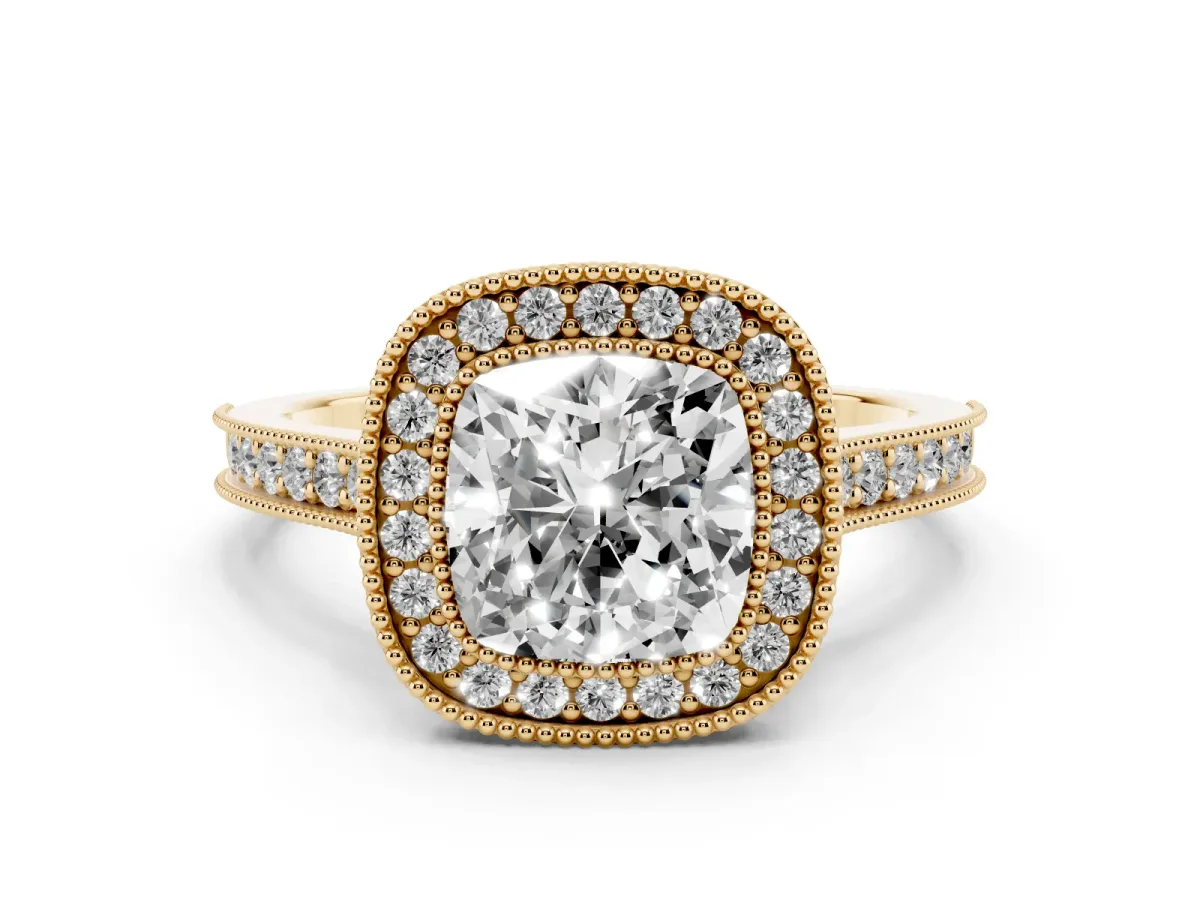 Halo Cushion Cut-Cut Diamond Pave Band Milgrain Prong Setting Ring Yellow gold