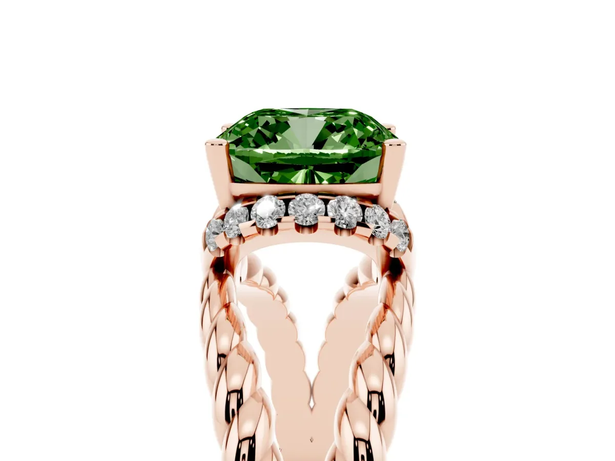 Fancy Green Cushion Cut Halo Twisted Band Four-Prong Ring Rose gold