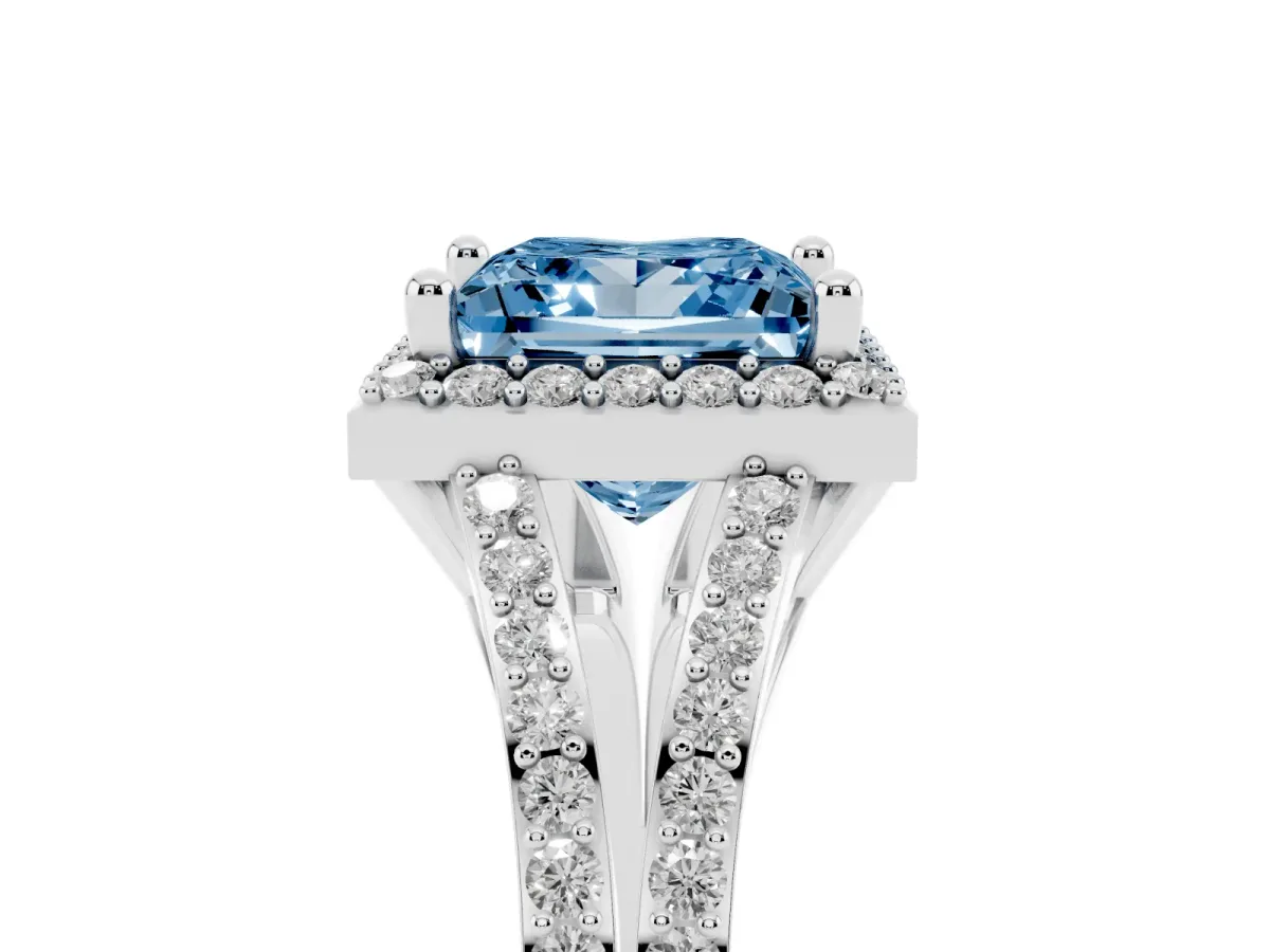 Fancy Blue Princess Cut Halo Split Shank Pave Diamond Ring with Four-Prong Setting Silver