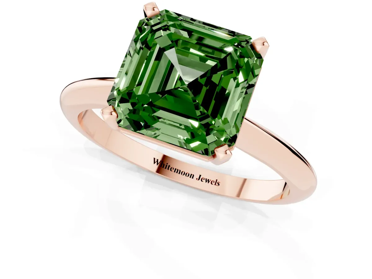 Fancy Green Asscher Cut Cut Solitaire Ring with Four-Prong Setting on a Classic Band Rose gold