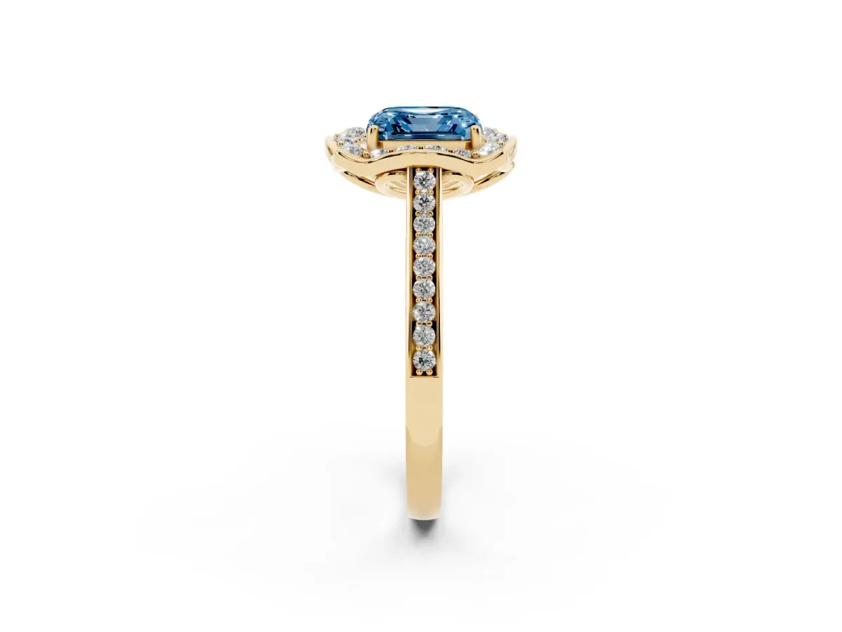 Fancy Blue Asscher Cut Halo Round Diamond Pave Band with Four-Prong Setting Yellow gold