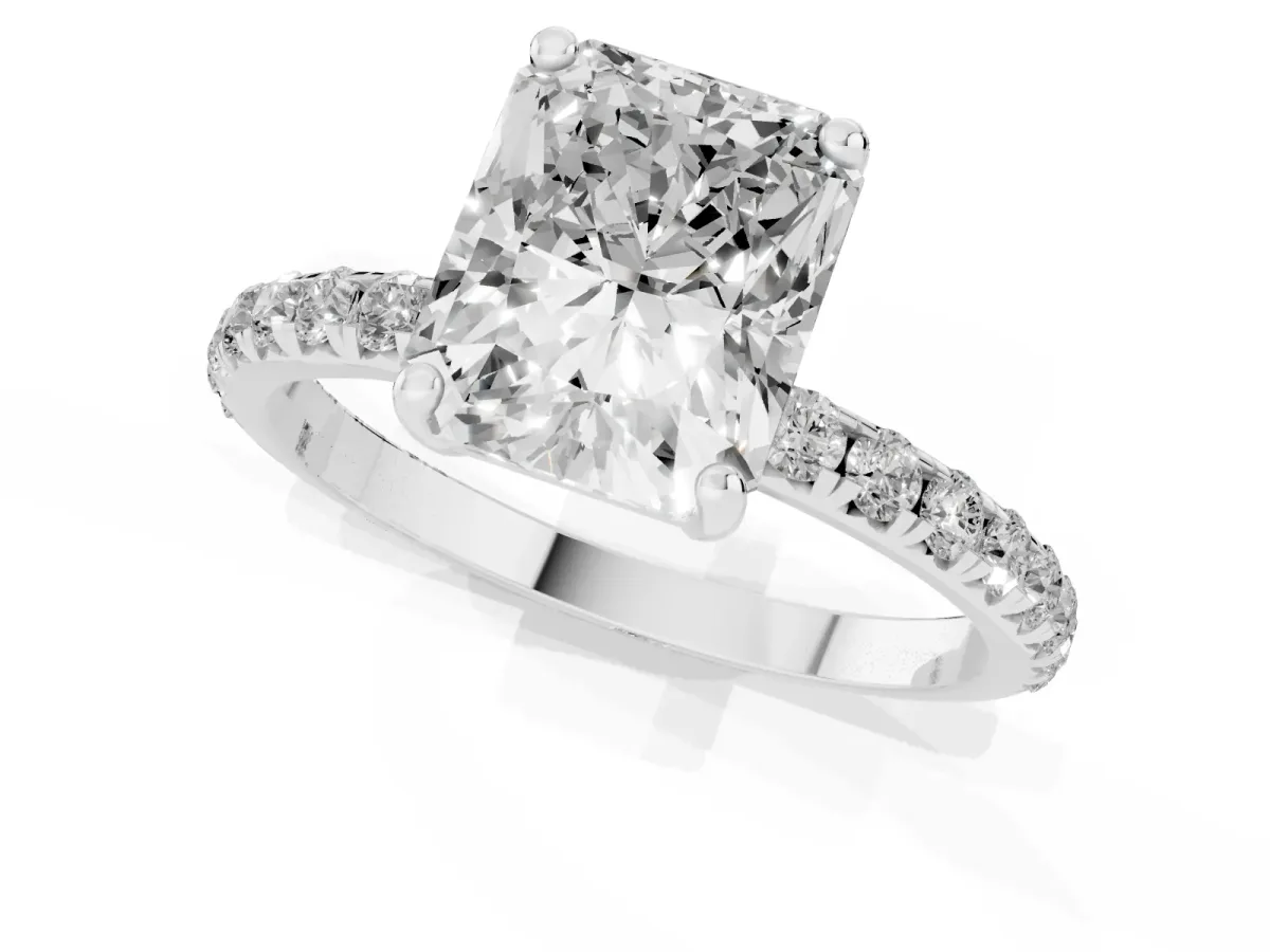Radiant Cut Cut Diamond Solitaire Ring with Micro Pave Band and Four Prong Setting Silver