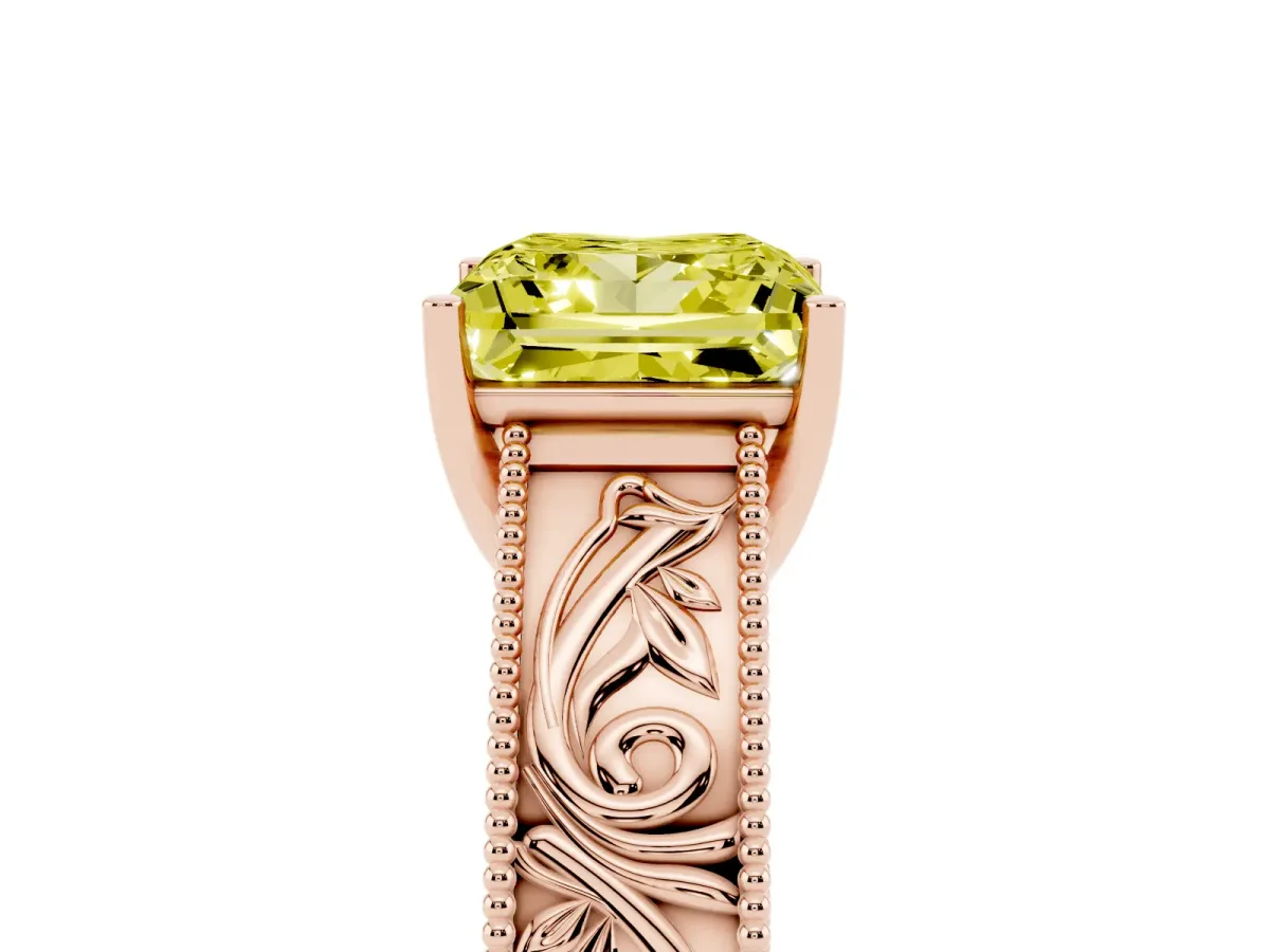 Fancy Yellow Princess Cut Diamond Solitaire Ring with Engraved Band and Four-Prong Setting Rose gold