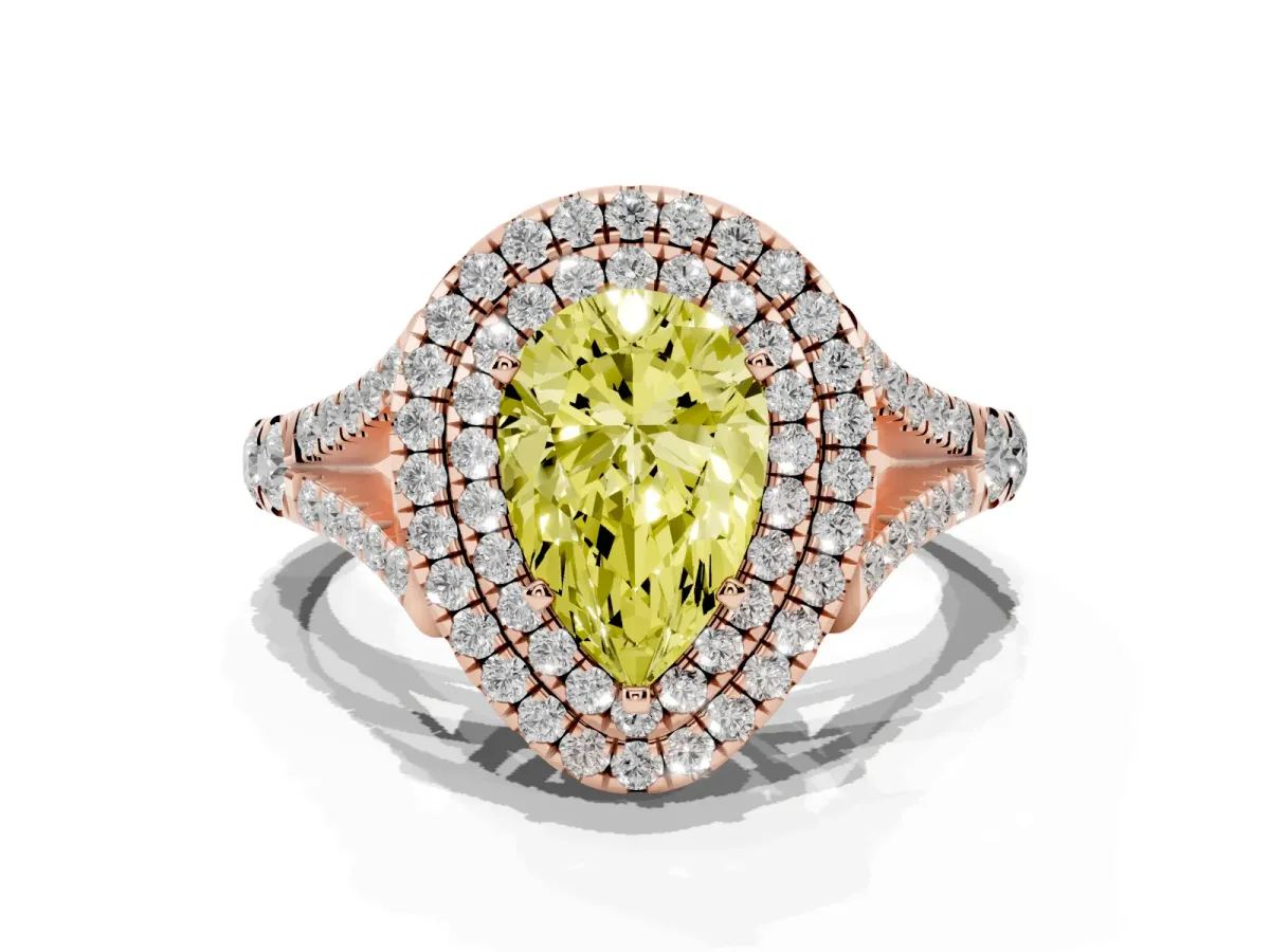 Fancy Yellow Pear Cut Diamond Pavé Split Shank Double Halo Engagement Ring Rose gold
