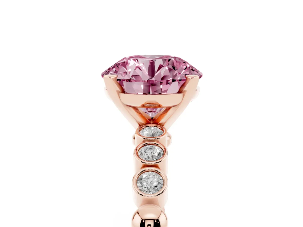Fancy Pink Round Cut Solitaire Bezel Accent Diamond Engagement Ring with Beaded Band and Four-Prong Setting Rose gold