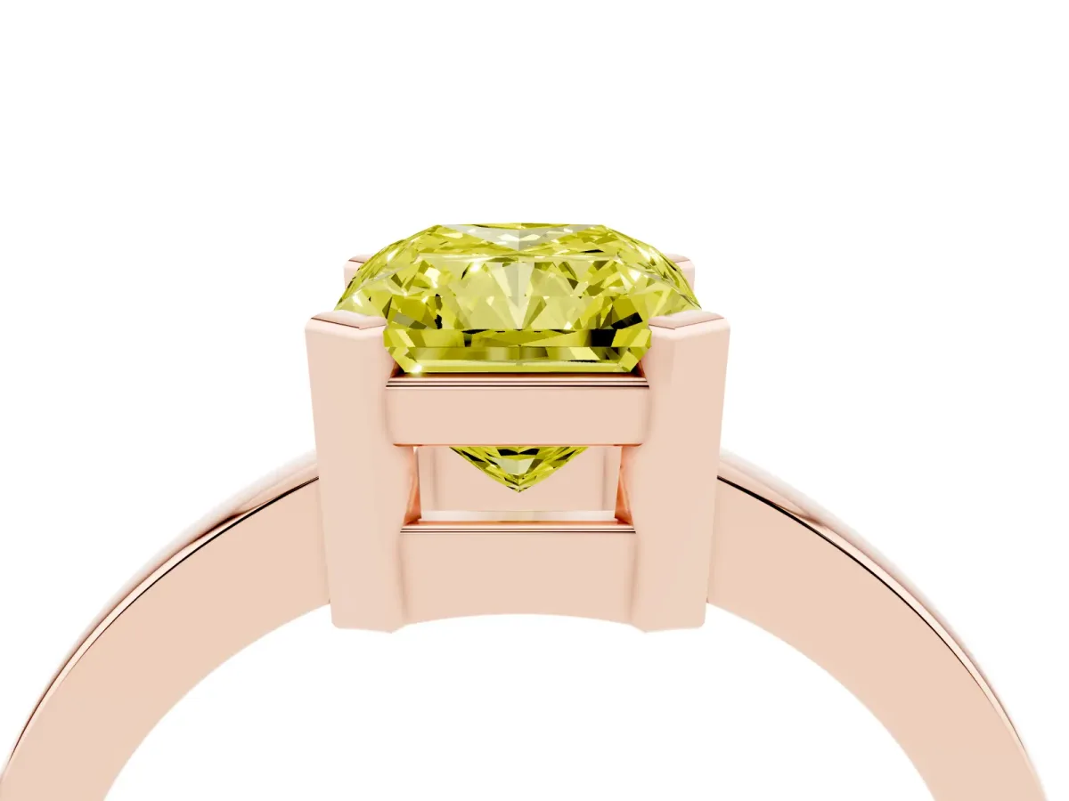 Fancy Yellow Radiant Cut Cut Solitaire Ring with Four-Prong Setting and Classic Band Rose gold