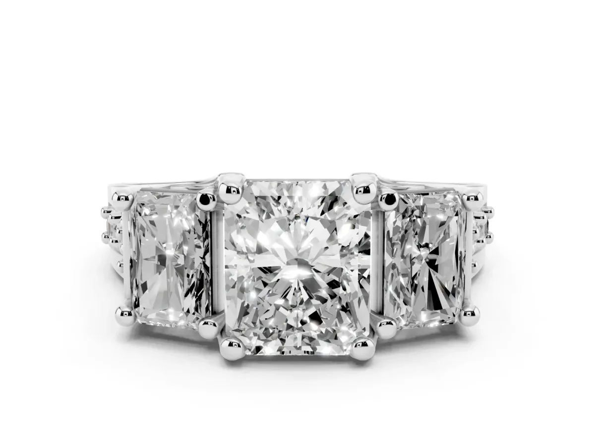Radiant Cut Diamond Three-Stone Ring with Channel Set Band and Four-Prong Setting Silver