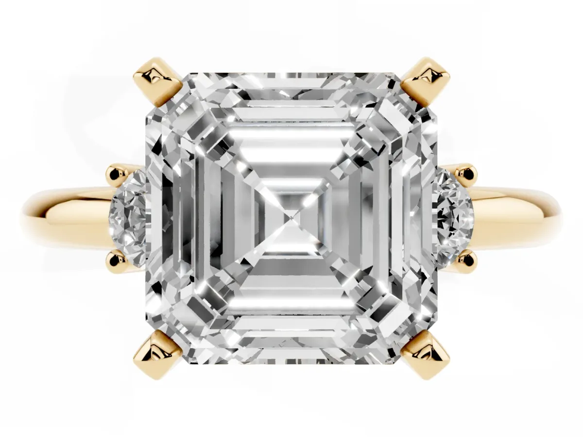 Three-Stone Asscher Cut Cut Diamond Solitaire with Prong Setting and Classic Band Yellow gold