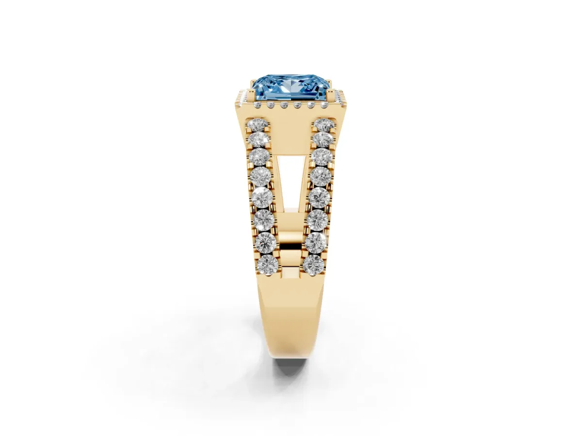 Fancy Blue Princess Cut Cut Halo Split Shank Diamond Ring with Four-Prong Setting Yellow gold