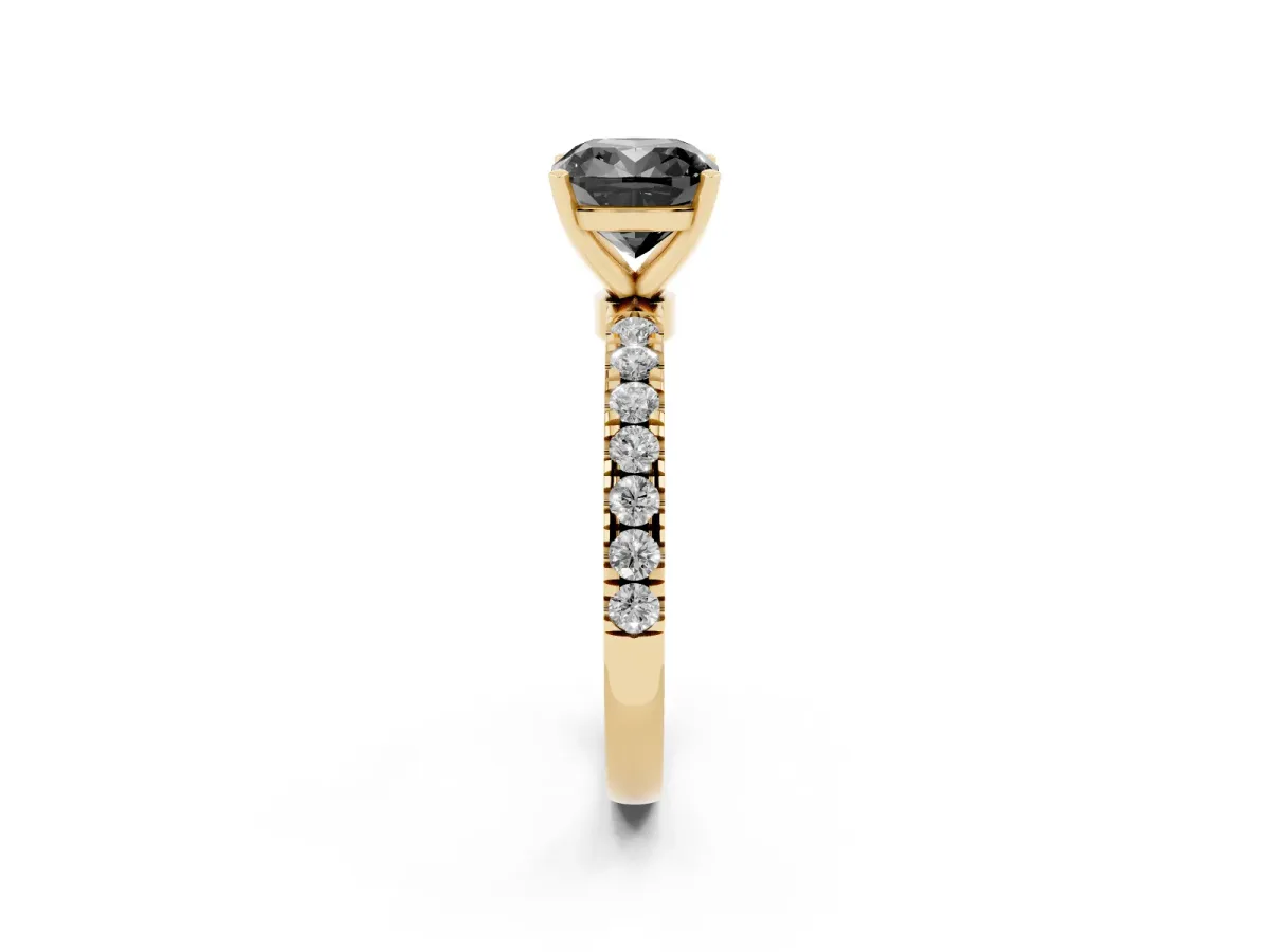Fancy Black Cushion Cut Diamond Solitaire Ring with Pavé Accents and Four-Prong Setting Yellow gold