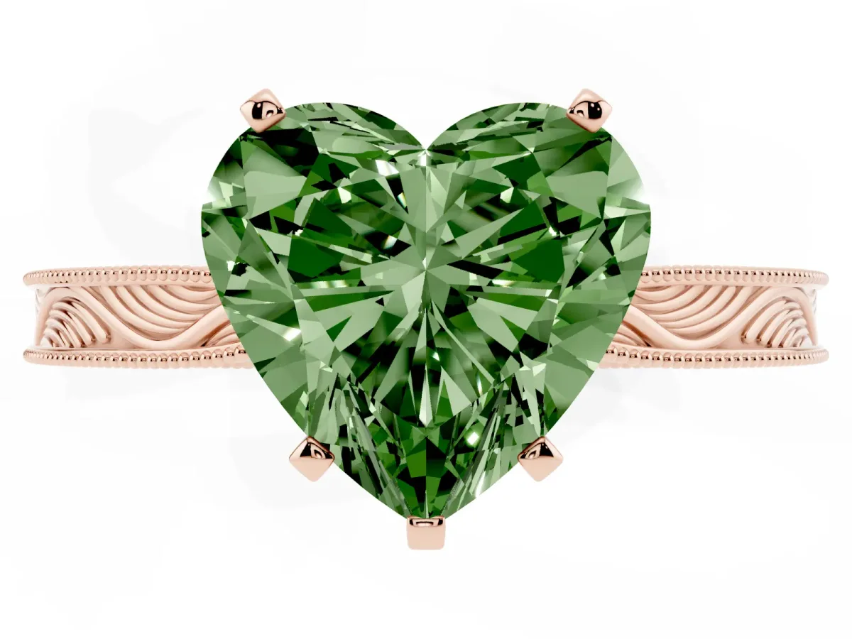 Fancy Green Heart Cut Solitaire Milgrain Engraved Band with Four-Prong Setting Rose gold