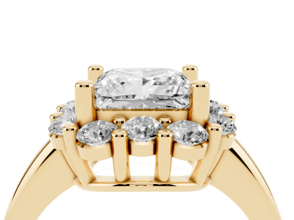 Princess Cut Halo Cluster Diamond Engagement Ring with Prong Setting and Polished Band Yellow gold