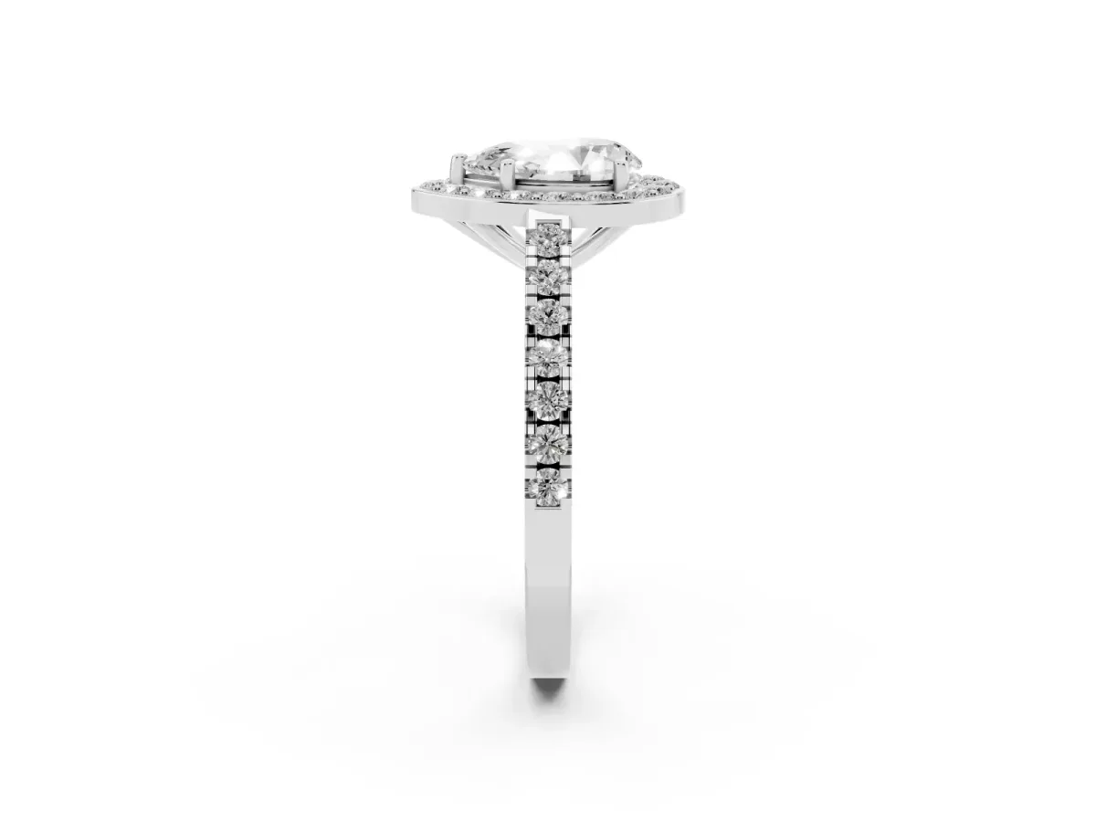 Pear Cut Diamond Halo Ring with Round Pavé Split Shank and Prong Setting Silver
