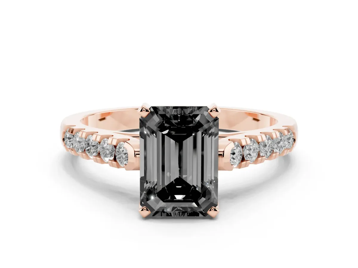 Fancy Black Emerald Cut Diamond Pavé Band Solitaire Ring with Prong Setting Rose gold