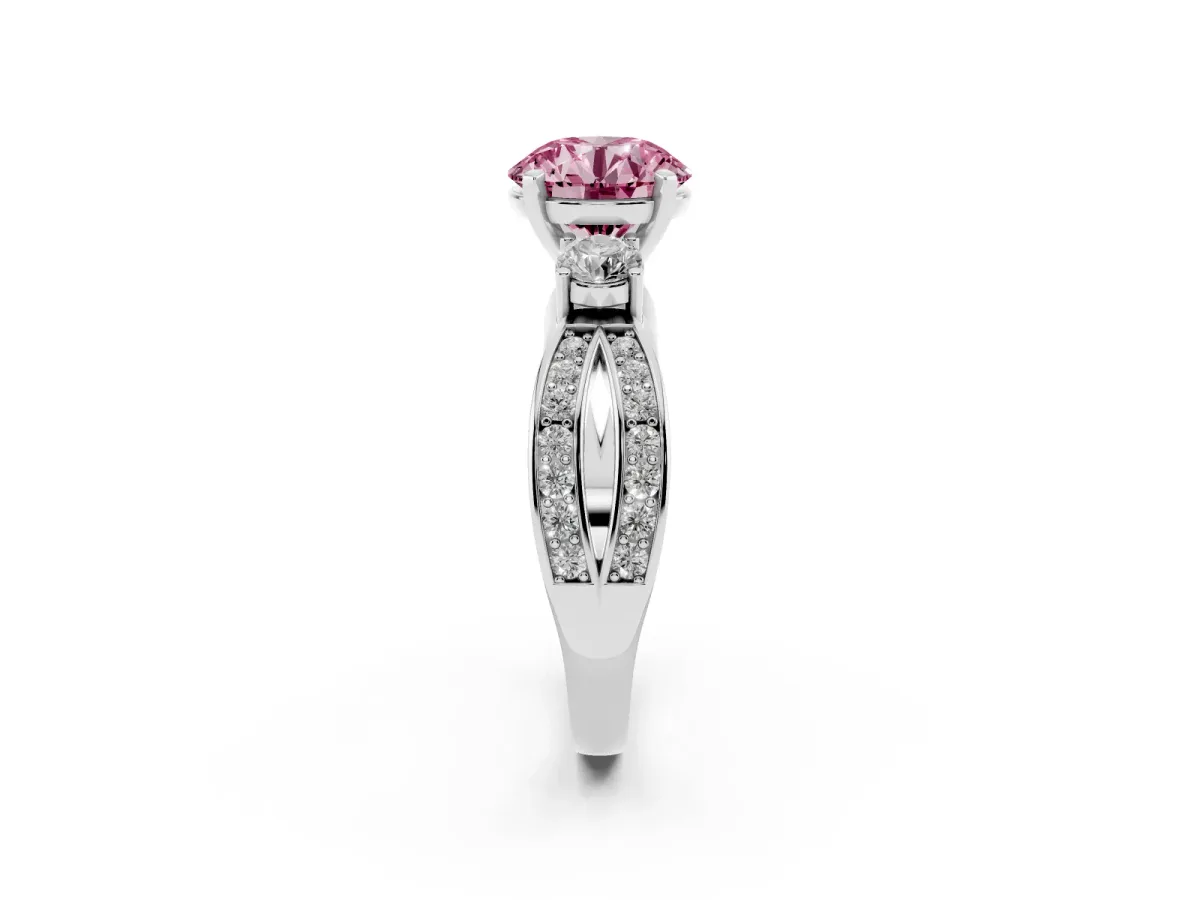 Fancy Pink Three-Stone Round Cut Cut Diamond Twist Band with Prong Setting Silver