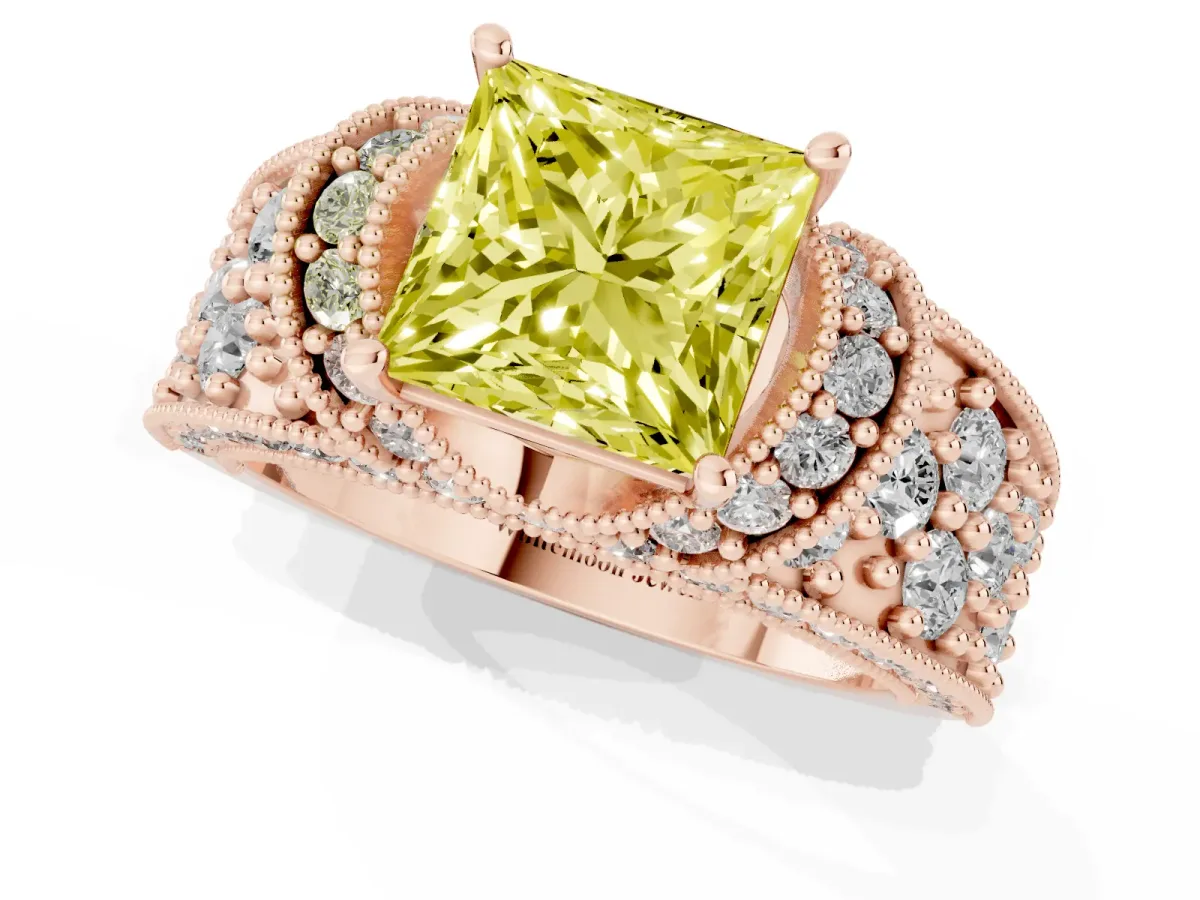 Fancy Yellow Princess Cut Halo Pave Diamond Engagement Ring with Milgrain Detailing Rose gold