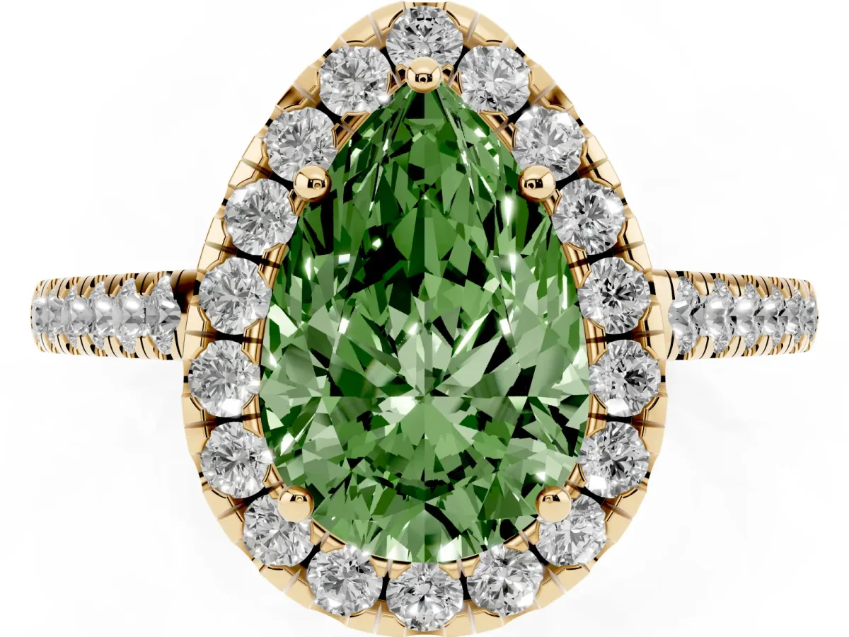 Fancy Green Pear Cut Halo Pave Diamond Engagement Ring with Four-Prong Setting Yellow gold