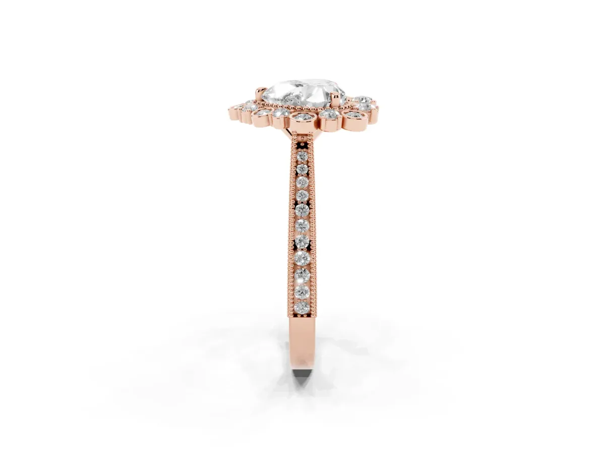Heart Cut Halo Milgrain Pave Diamond Ring with Four-Prong Setting Rose gold