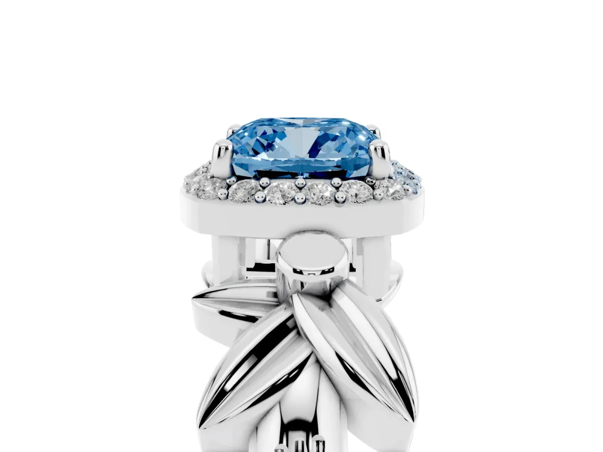 Fancy Blue Cushion Cut Halo Diamond Floral Band with Four-Prong Setting Silver