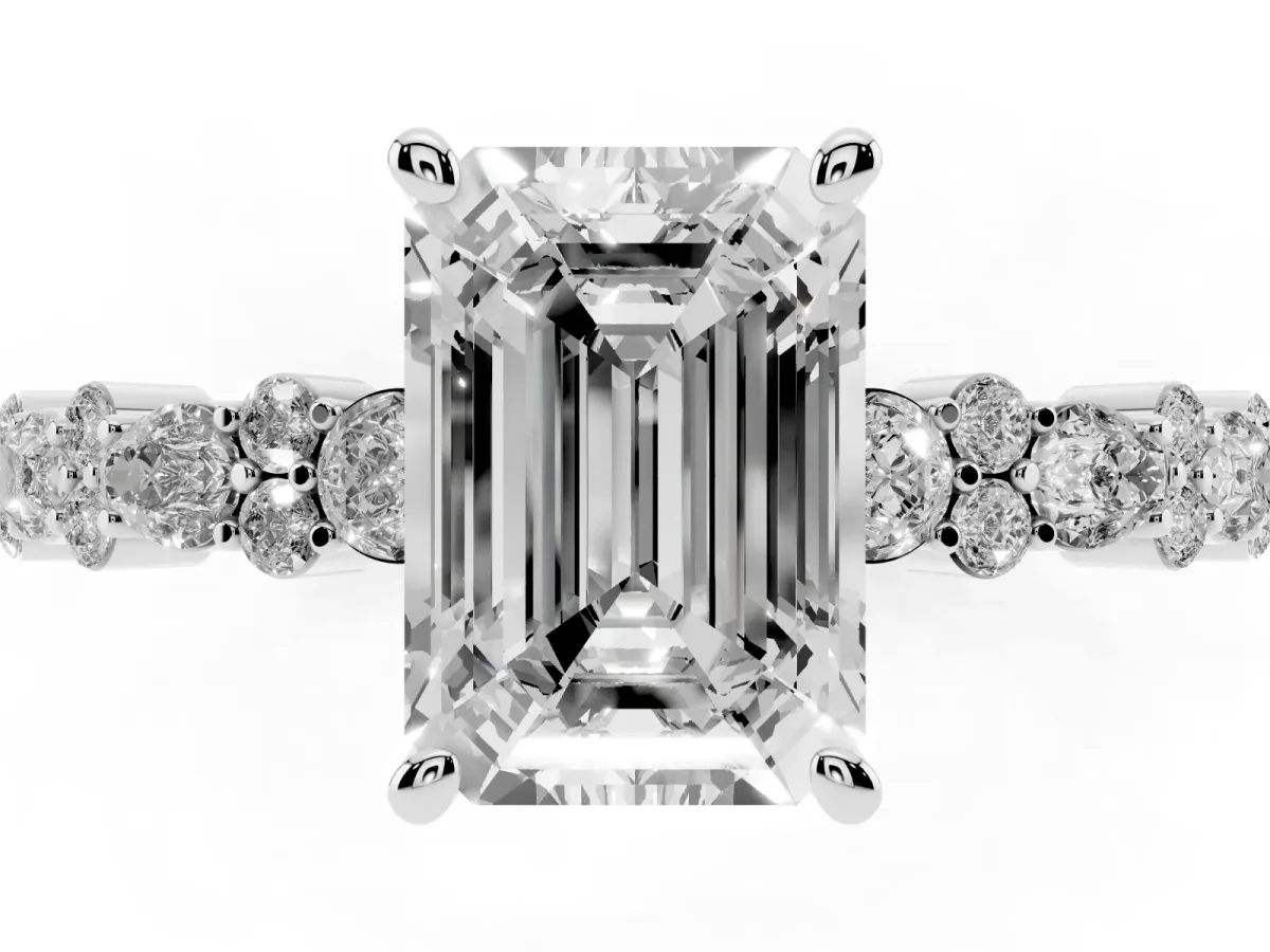 Emerald Cut Diamond Side Stone Solitaire Ring with Round and Four-Prong Setting Silver