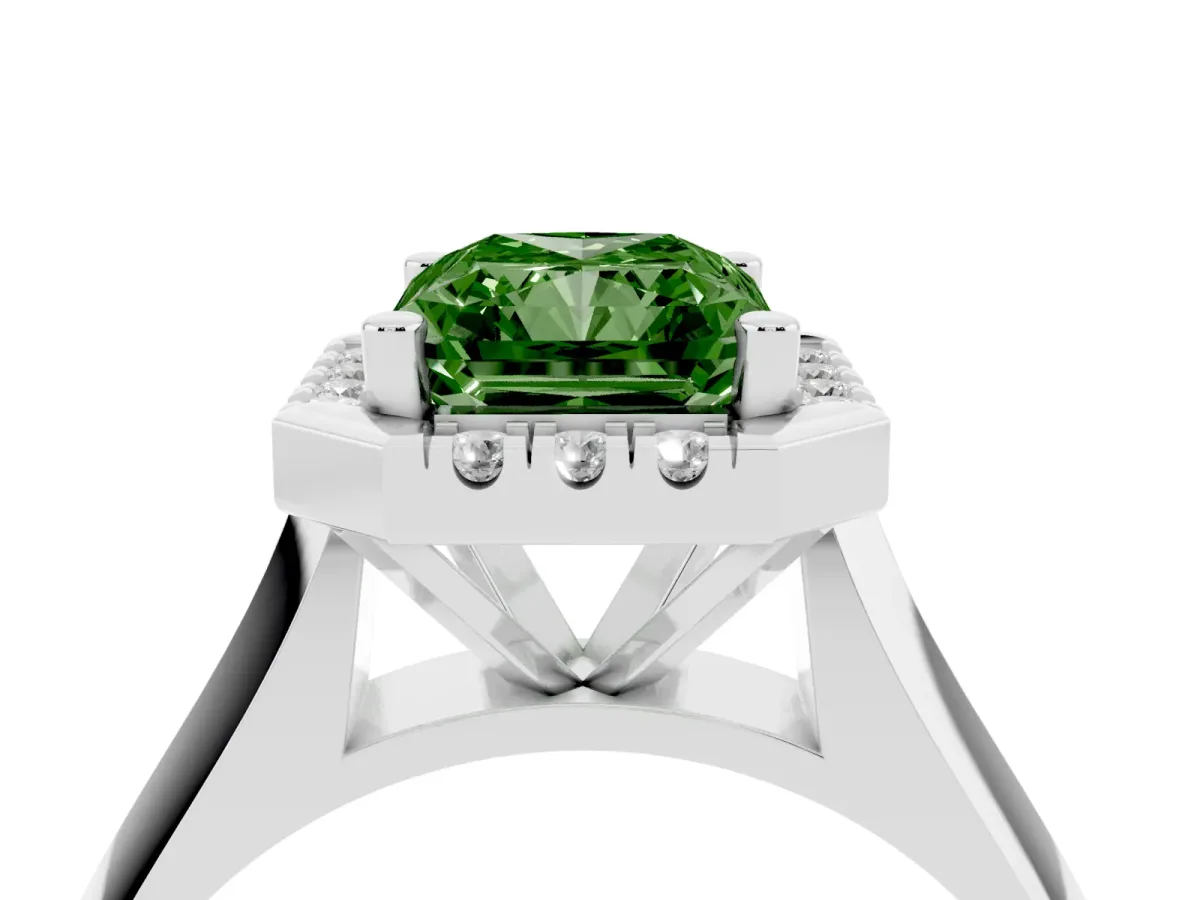 Fancy Green Radiant Cut Cut Halo Solitaire Engagement Ring with Square Band and Four-Prong Setting Silver