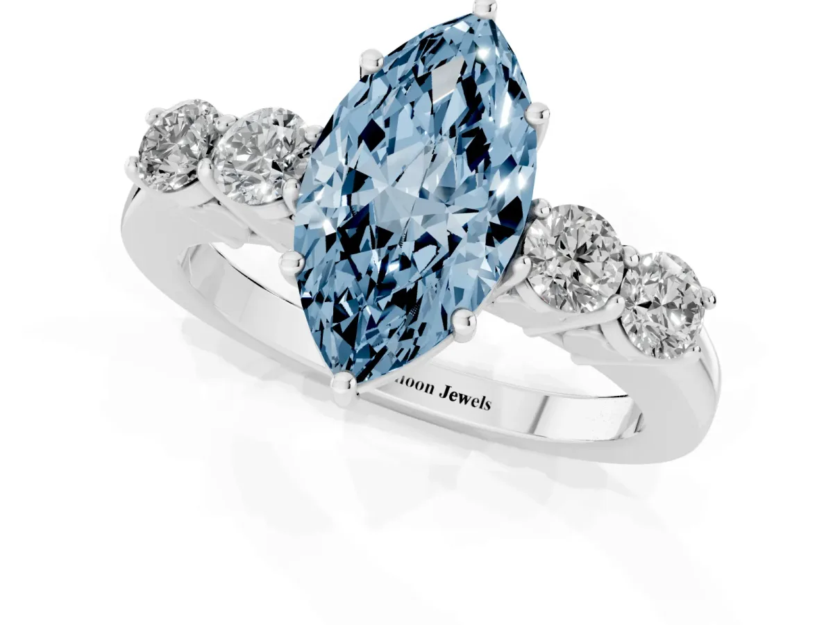 Fancy Blue Marquise Cut Cut Diamond Five-Stone Prong Set White Gold Ring Platinum
