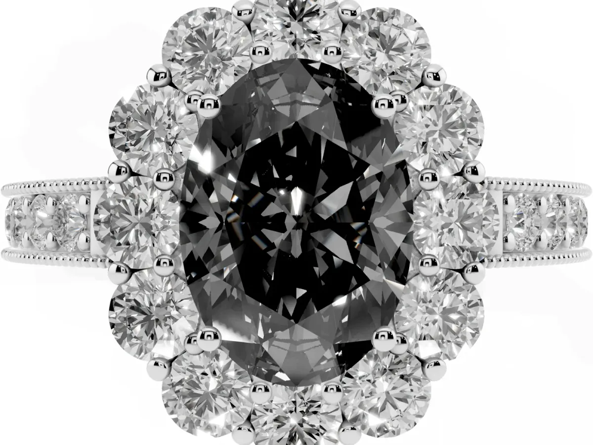 Fancy Black Oval Cut Cut Halo Diamond Pavé Engagement Ring with Milgrain Detailing Platinum