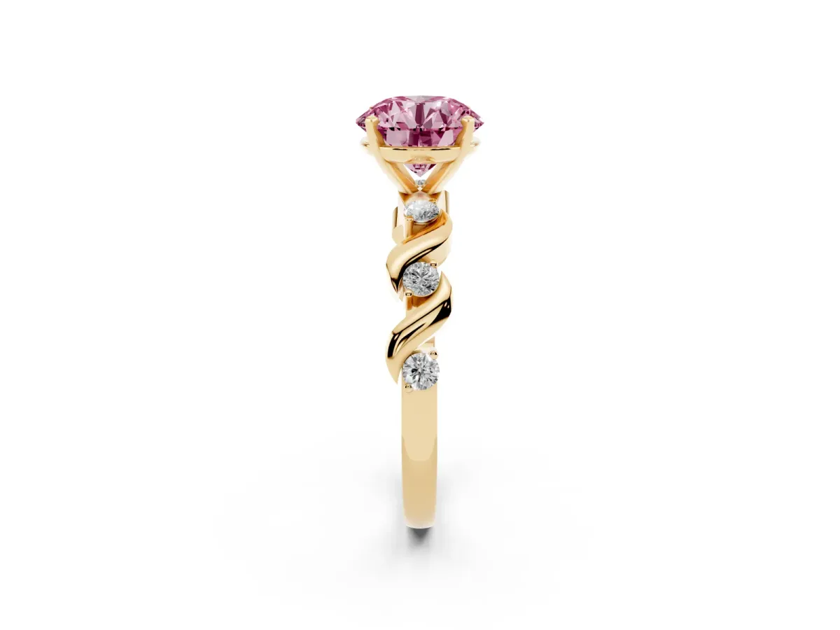 Fancy Pink Round Cut Diamond Solitaire Twisted Band with Round Accents and Prong Setting Yellow gold