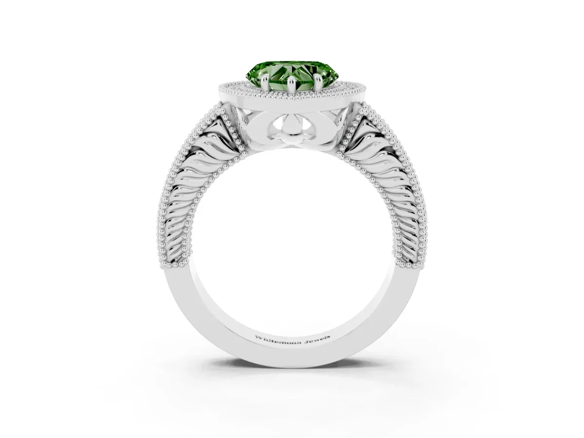 Fancy Green Heart Cut Cut Halo Diamond Ring with Pavé Band and Four-Prong Setting Platinum