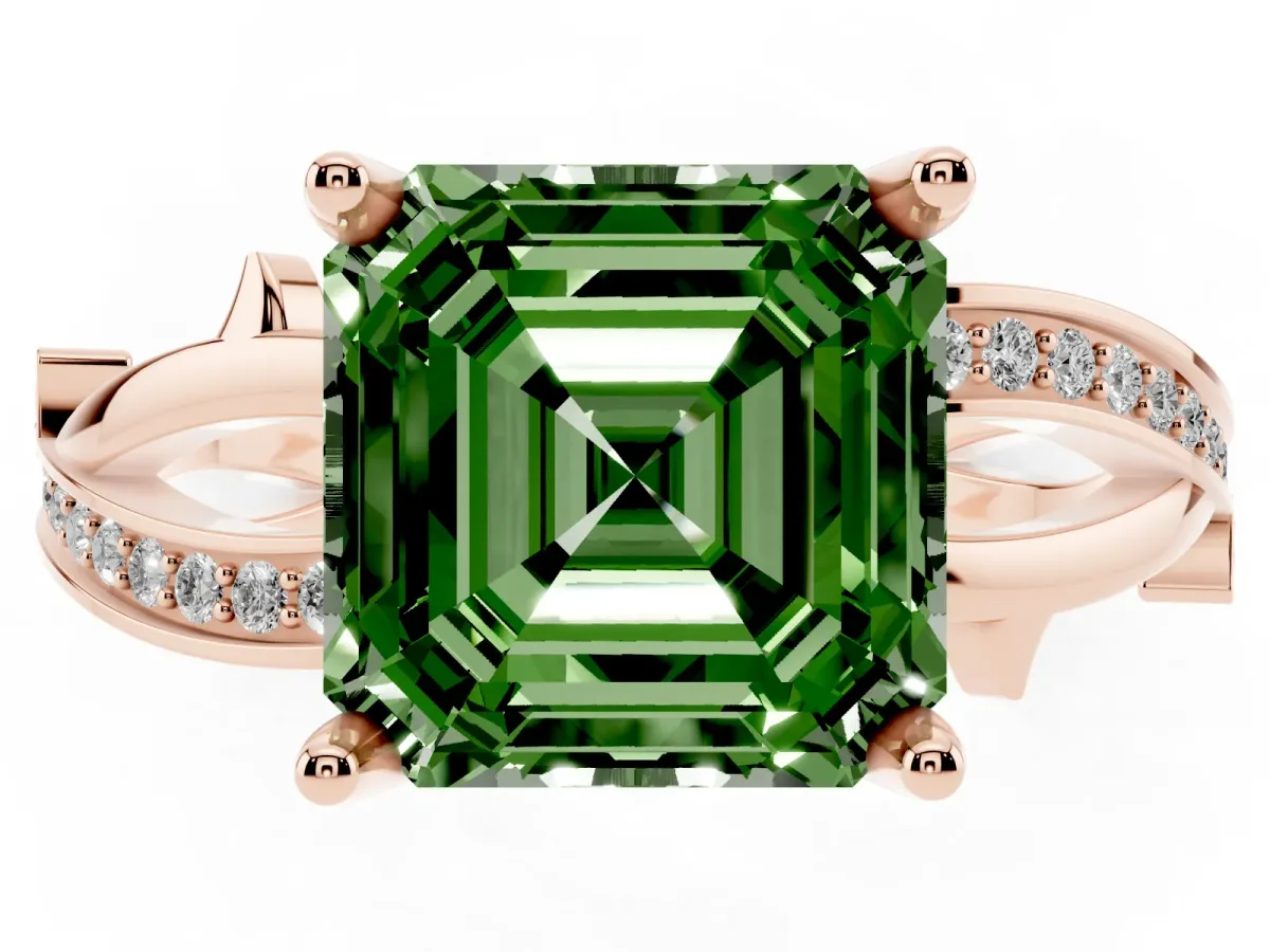 Fancy Green Asscher Cut Solitaire Twist Band with Pavé Accents and Four-Prong Setting Rose gold