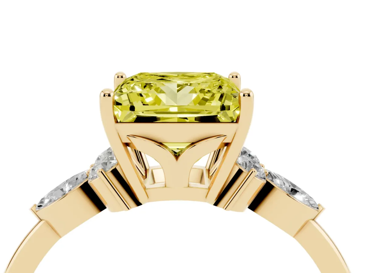 Fancy Yellow Princess Cut Brilliant Diamond Solitaire Ring with Pear Side Stones and Four-Prong Setting Yellow gold