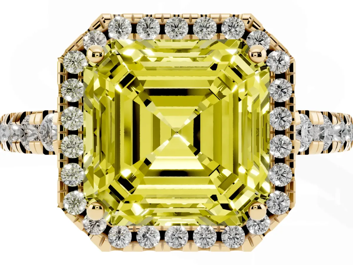 Fancy Yellow Asscher Cut Diamond Halo Ring with Pavé Band and Four-Prong Setting Yellow gold