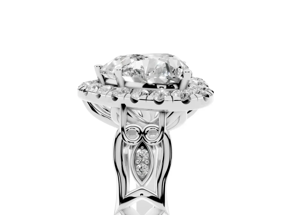 Heart Cut Halo Diamond Engagement Ring with Filigree Band and Four-Prong Setting Silver