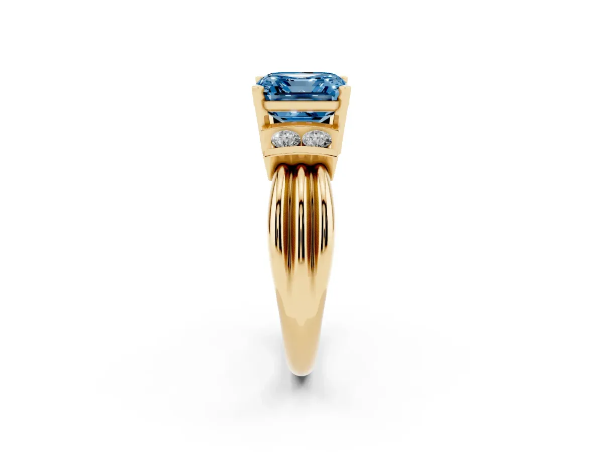 Fancy Blue Asscher Cut Cut Three-Stone Channel Set Ring with Bar Prongs Yellow gold