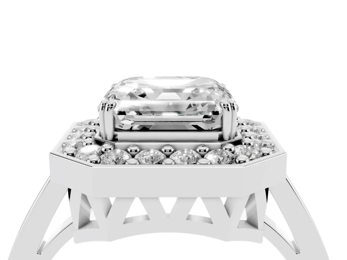 Asscher Cut Diamond Halo Ring with Split Shank and Four-Prong Setting Silver